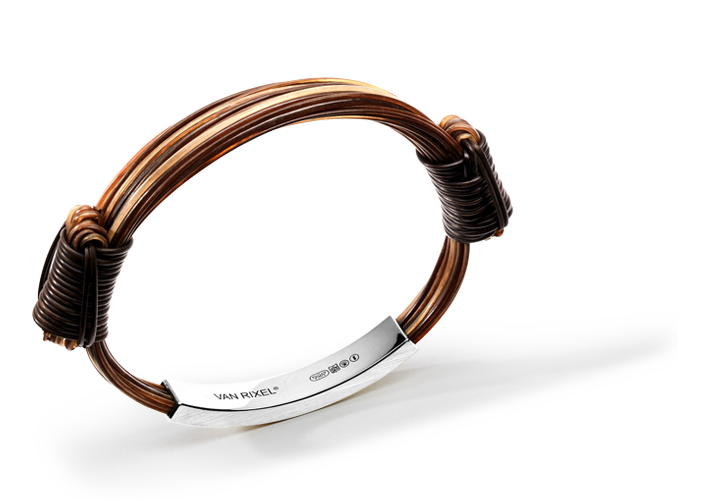 Een luxe, High End 18 kt Witgouden heren- of dames-armband, handgemaakt met exclusief bruin Olifantenhaar en schuifknopen - Medium